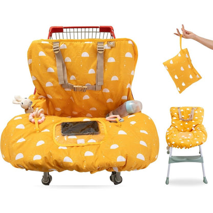 Del & Fin baby shopping cart cover front view on a grocery trolley with yellow padded fabric.