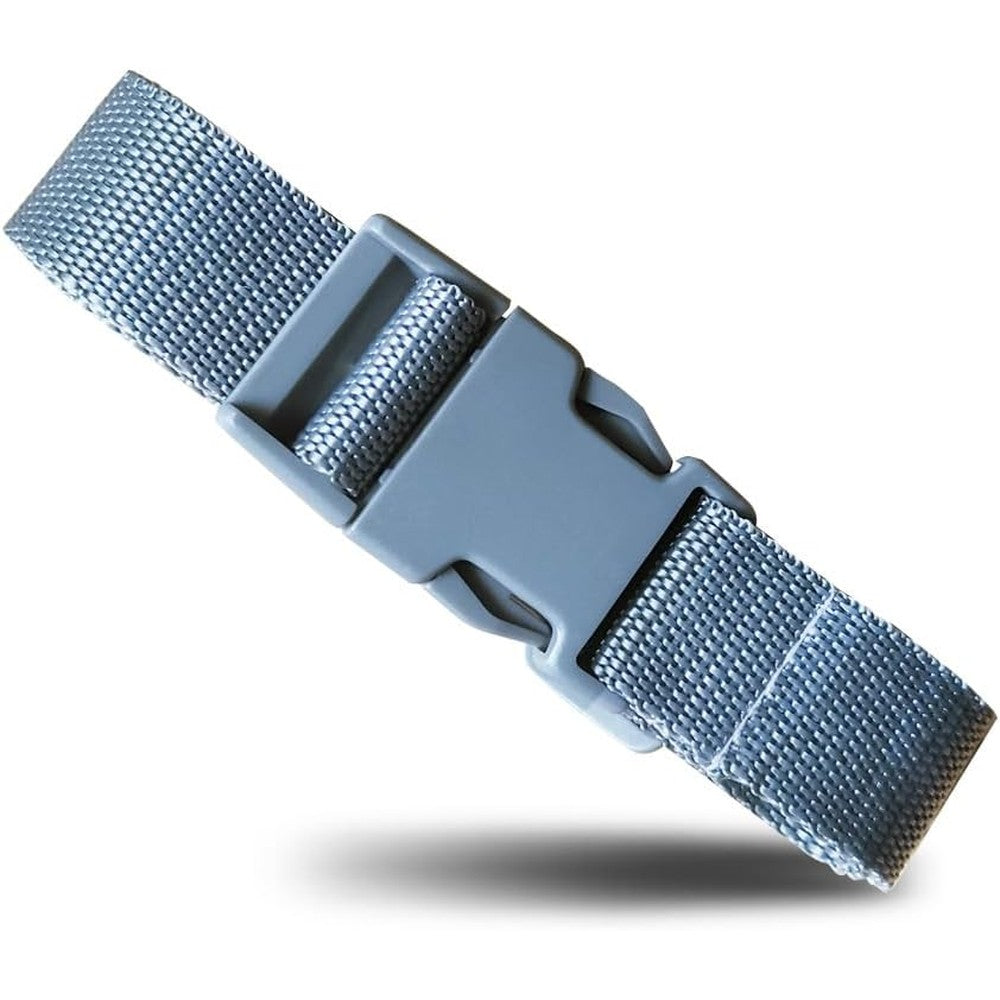 ICOPUCA replacement seat belt for baby shopping cart cover front view showcasing the adjustable grey polyester webbing and durable plastic buckle.