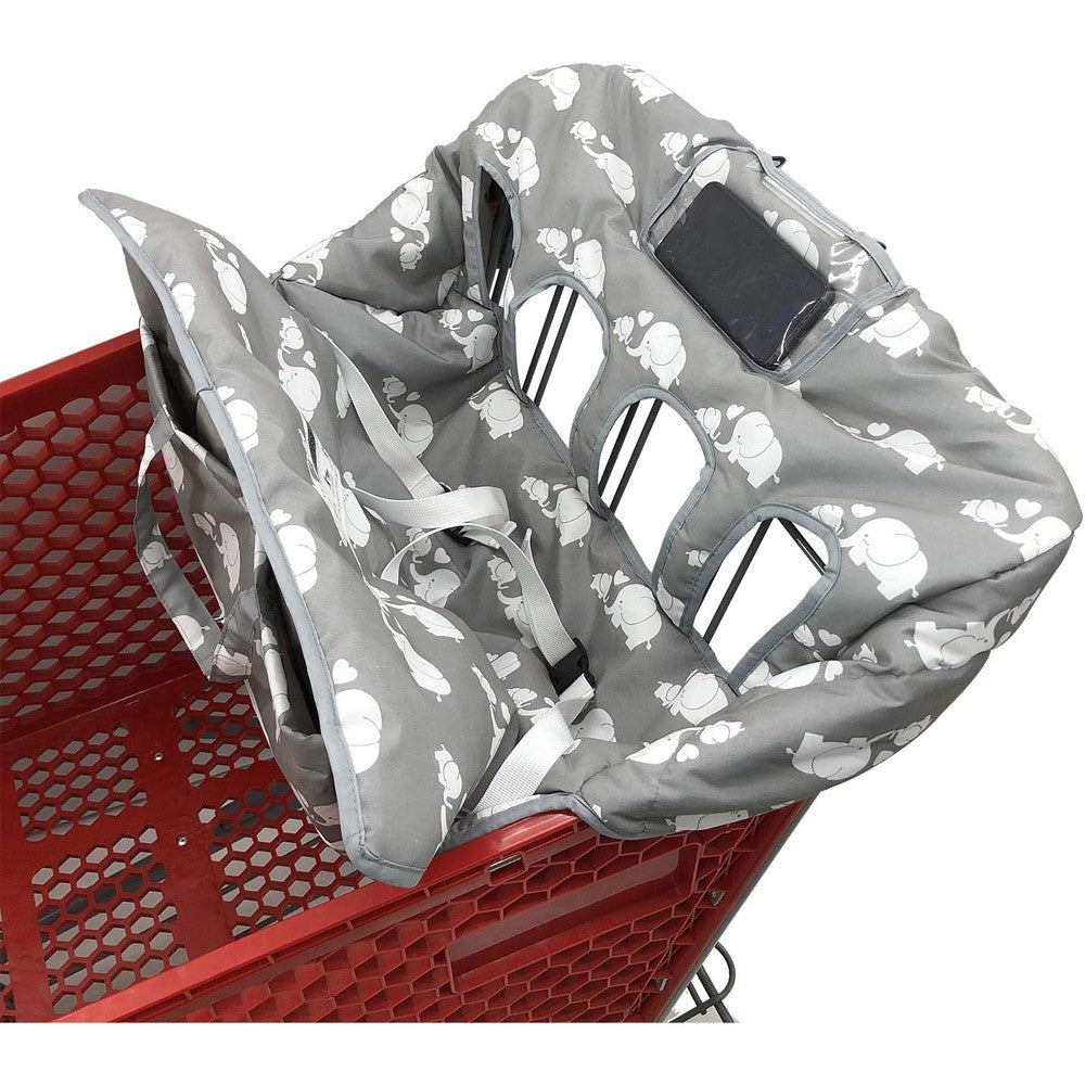 Love&go Twin Double Shopping Cart Cover front view installed on a large warehouse grocery cart showing the white elephant pattern.