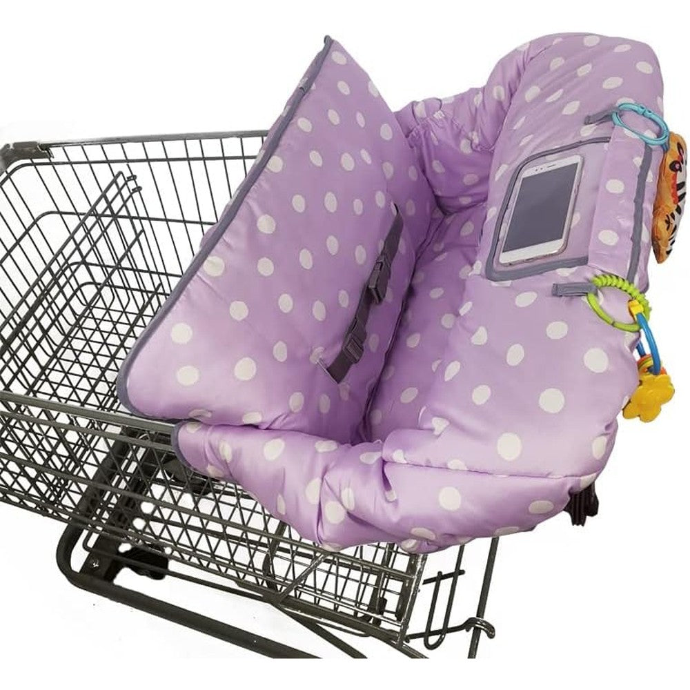 ICOPUCA shopping cart cover in purple dot pattern spread over a retail grocery trolley front view