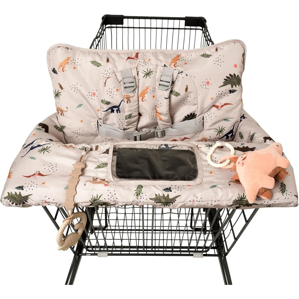 HALAA VAUVA 2 in 1 shopping cart cover front view with dinosaur print on a grocery cart