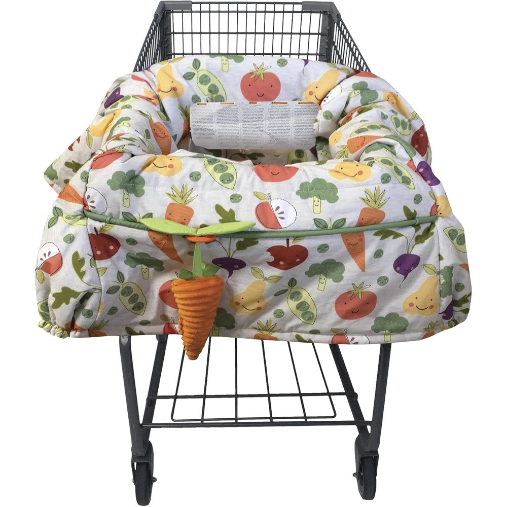 Boppy Shopping Cart Cover front view showing the multicolor farmer market pattern installed on a grocery cart.