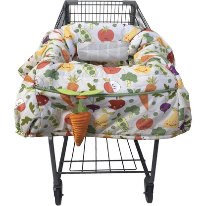 Boppy Shopping Cart Cover front view showing the multicolor farmer market pattern installed on a grocery cart.