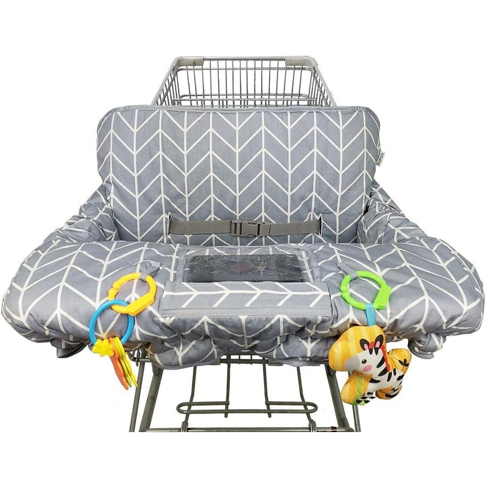 ICOPUCA shopping cart cover for baby front view installed on a grocery cart
