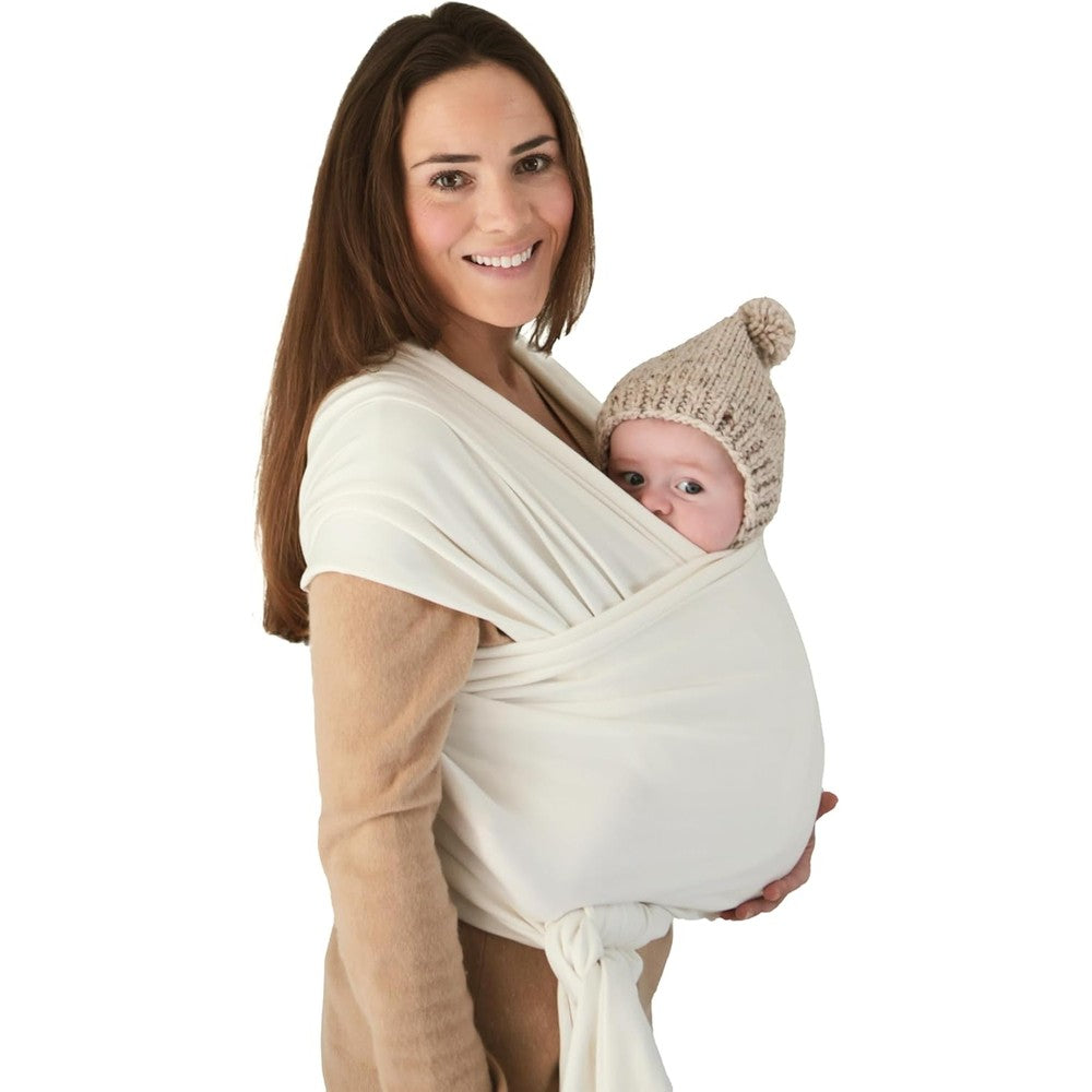 Mushie organic cotton baby wrap carrier ivory front view for newborn sling styling