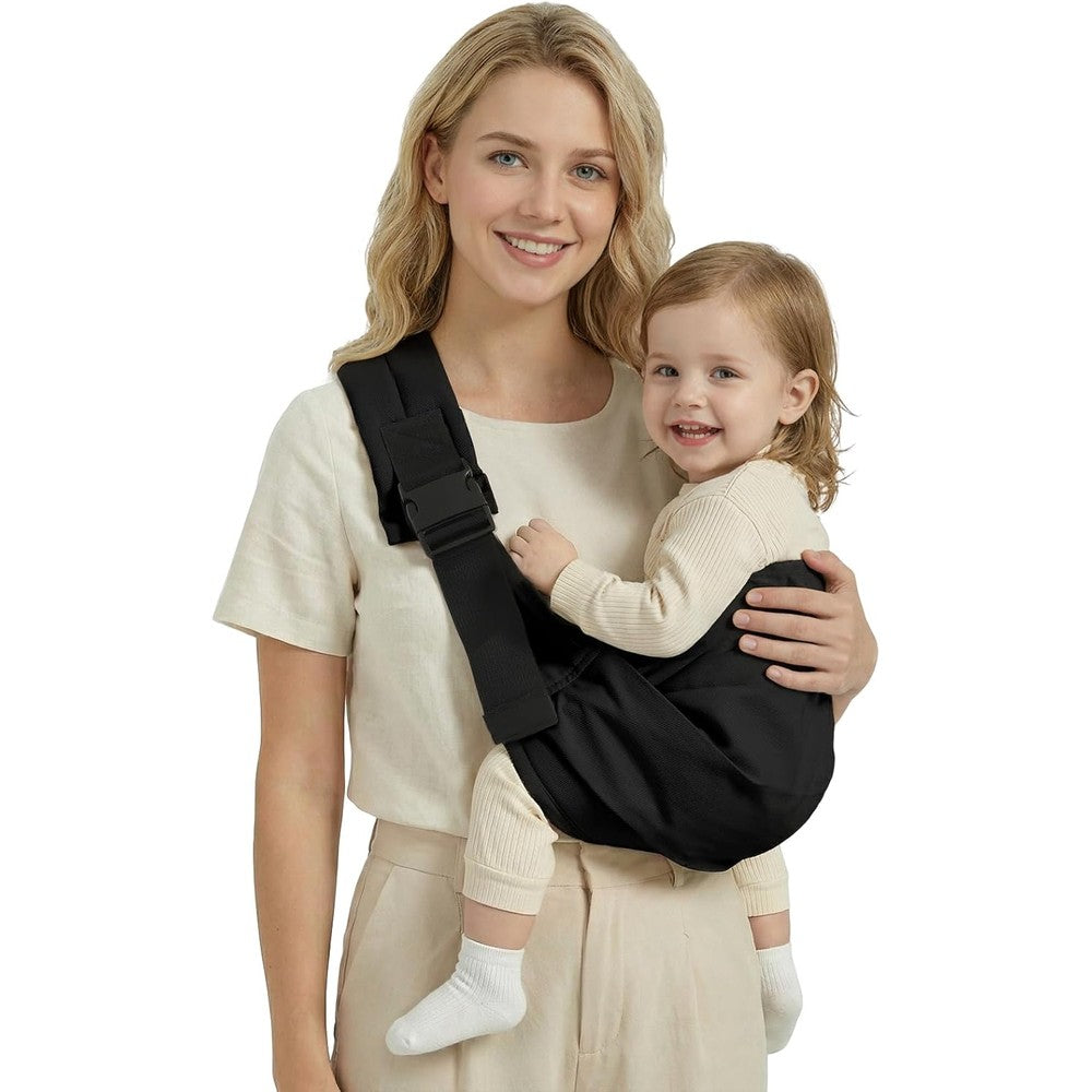 BAMBORA baby sling carrier front view showing secure black adjustable strap setup.