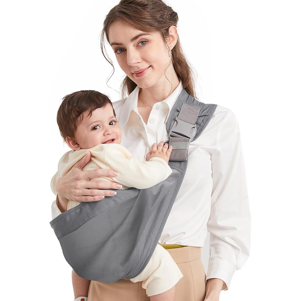 Mumgaroo baby sling carrier front view showing the pure cotton fabric and grey color wrap on a parent.