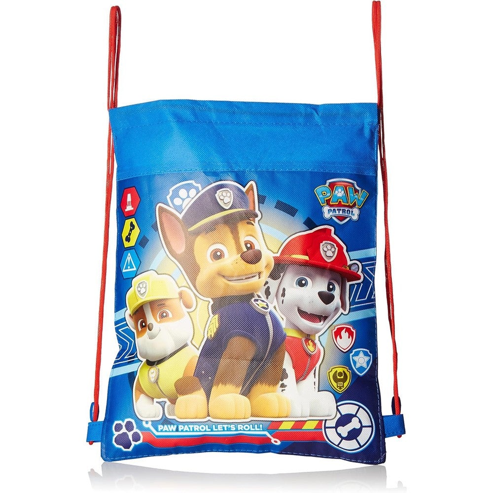 UPD Paw Patrol non woven sling bag front view showing Chase Marshall and Rubble cartoon print
