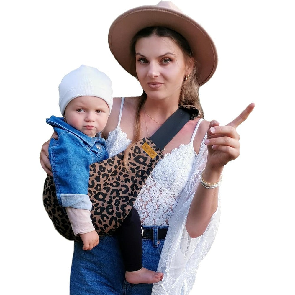 CzeNano Toddler Sling Carrier front view in brown leopard pattern.