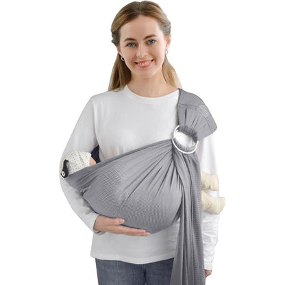 Vrbabies water ring sling baby carrier light grey front view featuring adjustable metal rings.