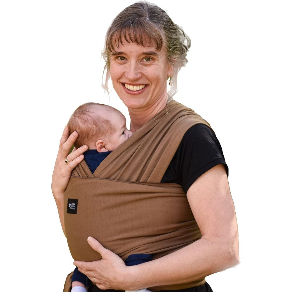 Simply Essential Solutions Baby Wrap Carrier front view showing brown cotton fabric sling on parent