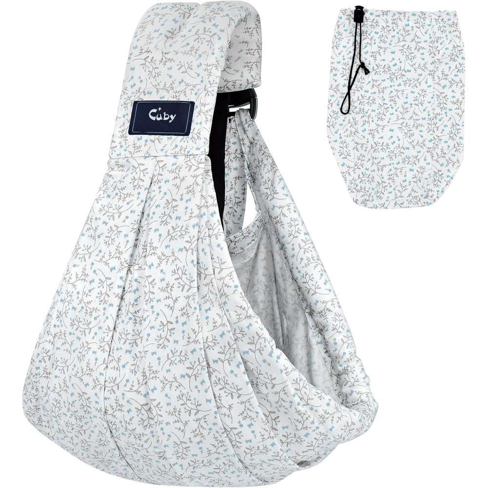 CUBY Wrap Baby Sling Carrier front view in Blue Flower pattern