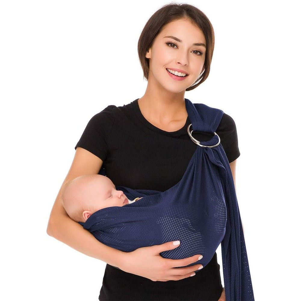 CUBY water baby sling carrier front view in dark blue mesh fabric