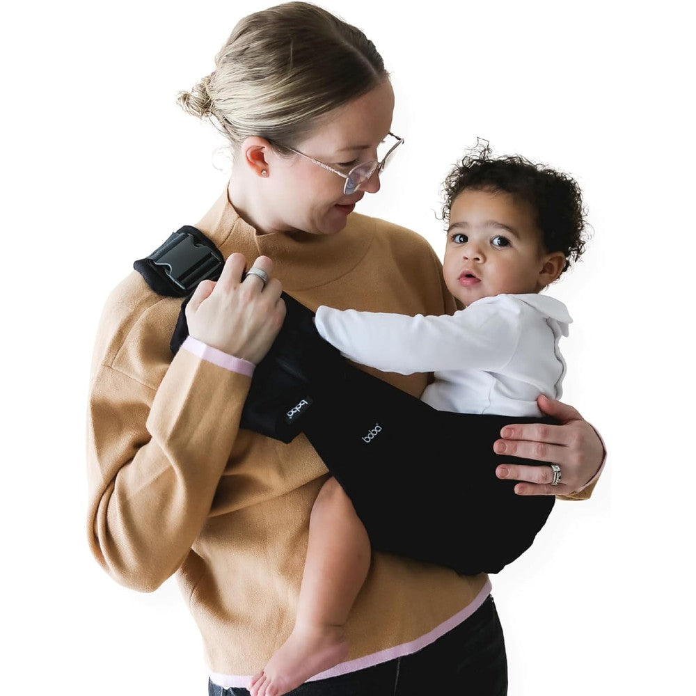 Boba Buddy Toddler Carrier Sling in black showing front view of the premium cotton fabric.