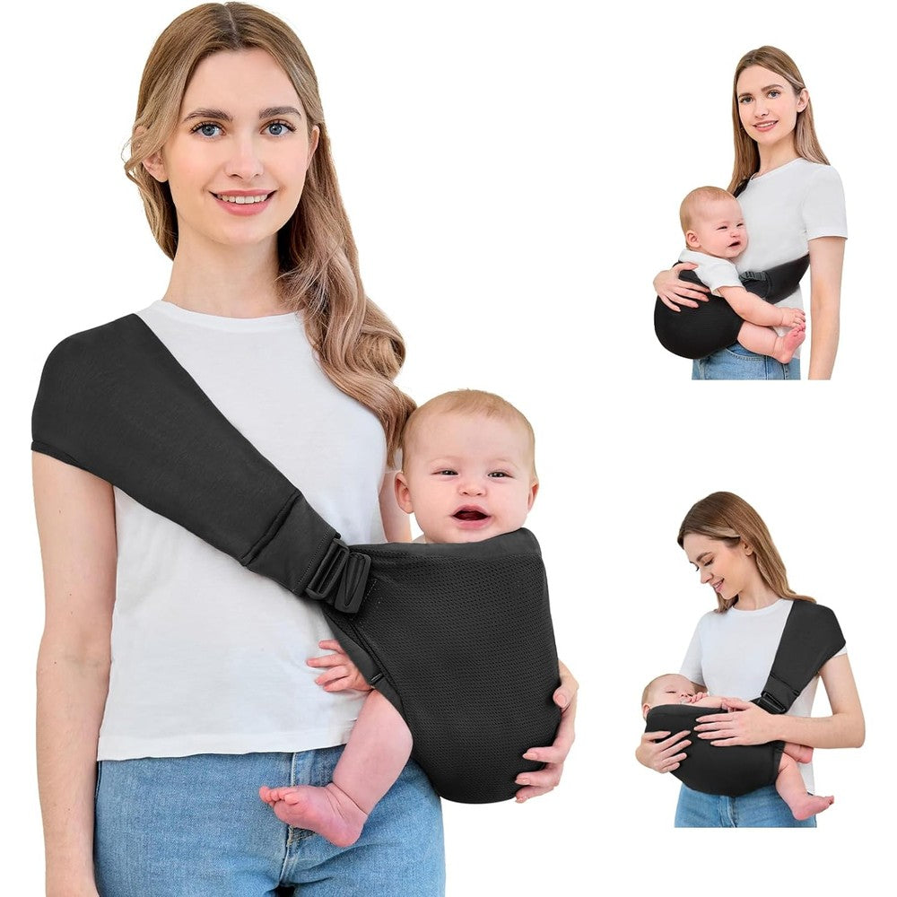 SmartSolve baby sling carrier in black showing front view position with breathable mesh fabric