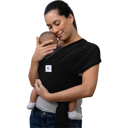 ELDOMA Black Baby Wrap Carrier front view holding a newborn snugly against a mother's chest