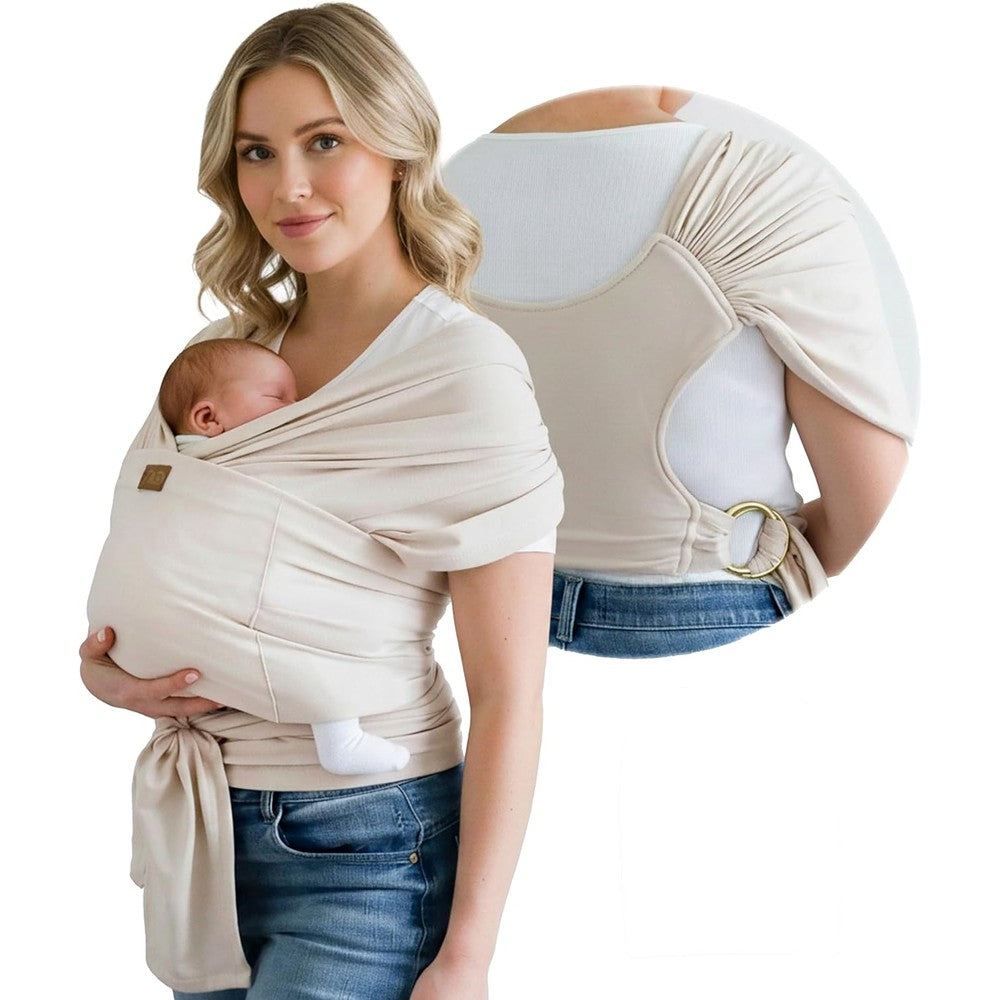 TAB PERFORMANCE beige and gold baby carrier wrap front view on mother