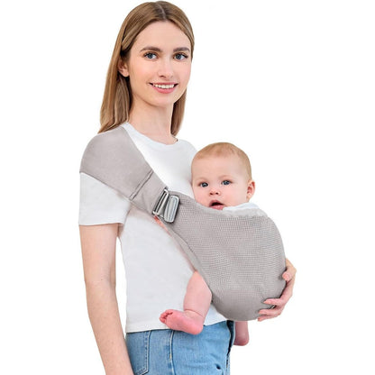 Bebless baby carrier front view in light grey color with ergonomic M-shape seating