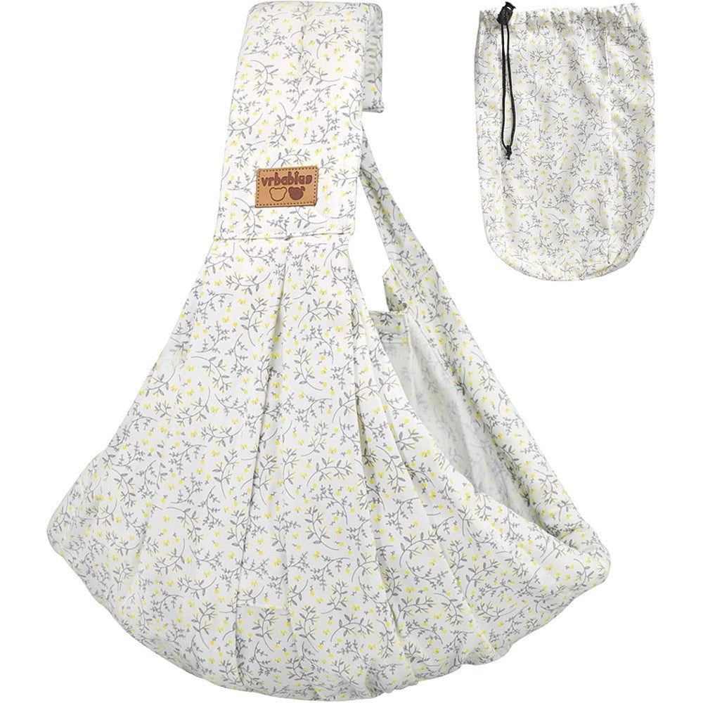 Vrbabies baby sling carrier newborn front view yellow flower cotton wrap