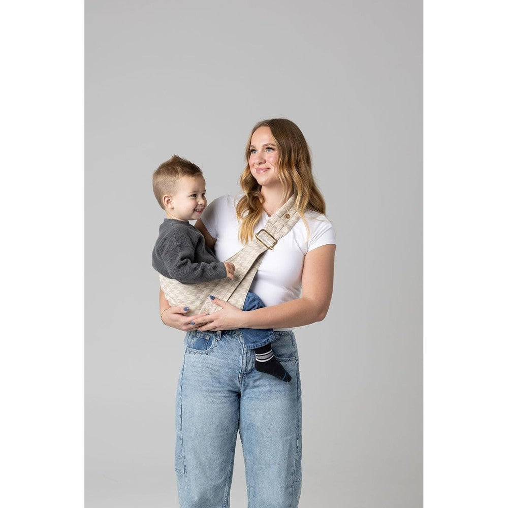 Mabē Monarch Toddler Sling Carrier front view in houndstooth pattern.