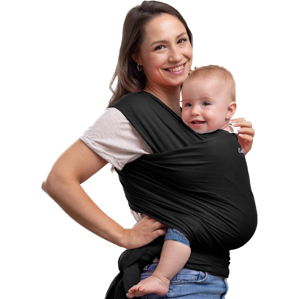 CuddleBug Hands-Free Baby Wrap Carrier front view on parent