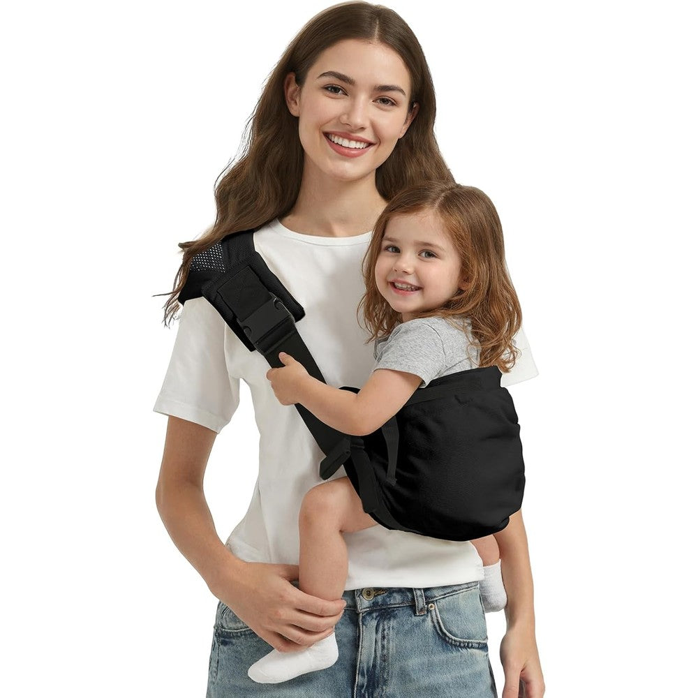 NBDIB toddler carrier sling front view showcasing ergonomic black hip seat design