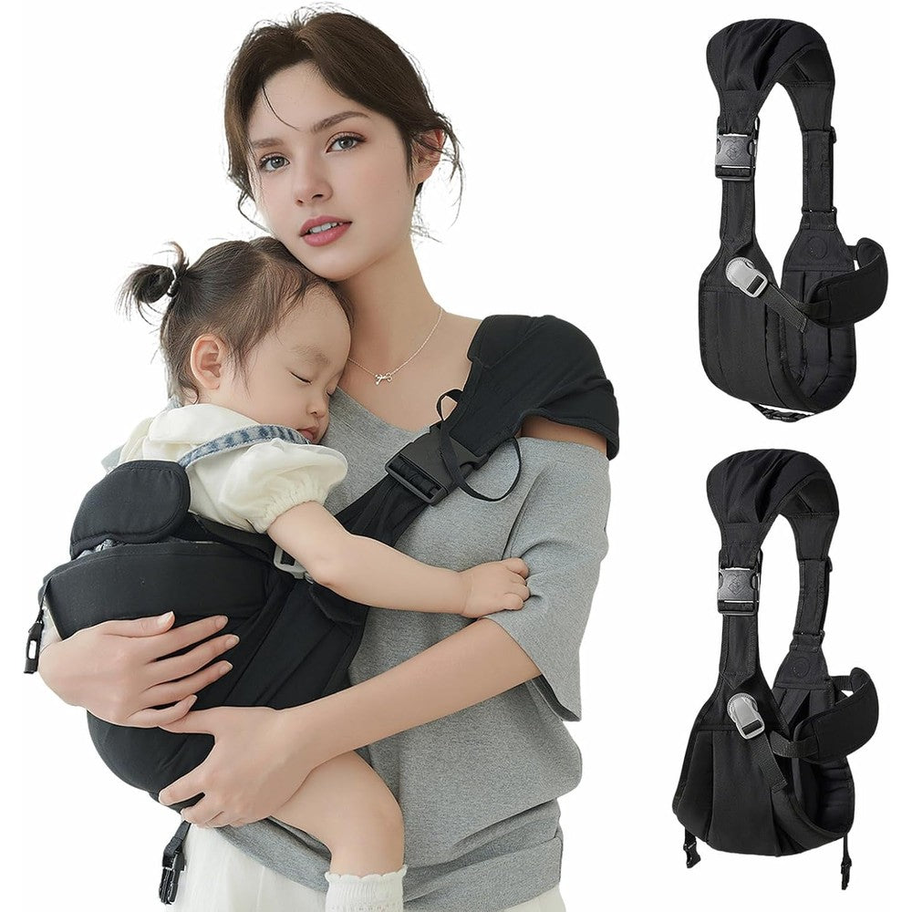 Funito baby sling carrier front view showing black ergonomic fabric and padded shoulder strap.