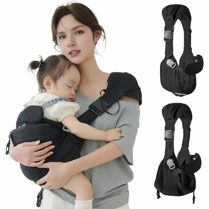 Funito baby sling carrier front view showing black ergonomic fabric and padded shoulder strap.