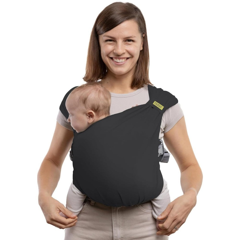 Boba Bliss Pre Wrapped Baby Carrier front view in charcoal gray on parent