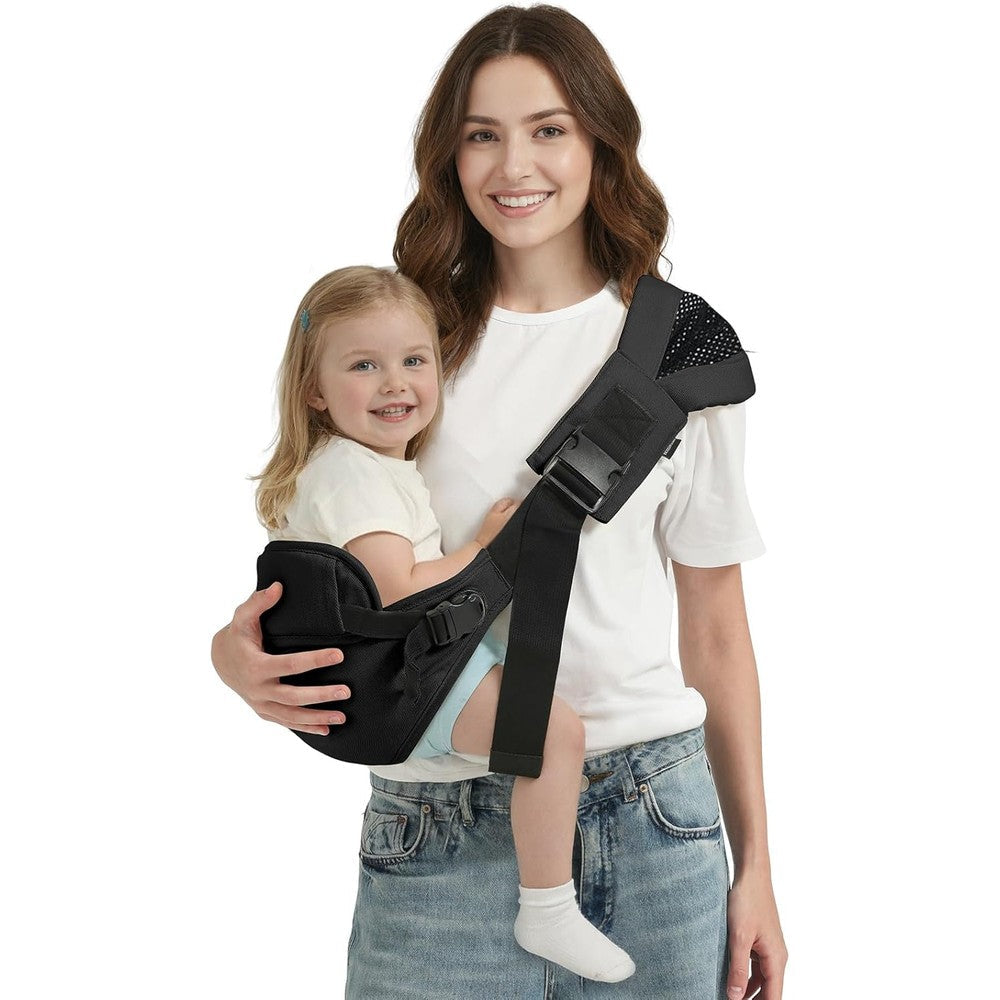 MISSWISDOM toddler sling carrier in black front view showing ergonomic hip seat