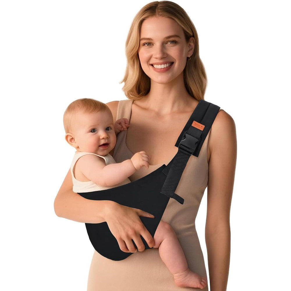 Marrlly baby sling carrier front view showing adjustable strap and black fabric wrap on caregiver.