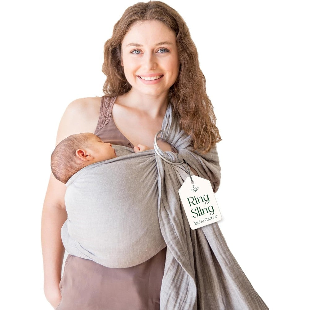 Mebien Touche De La Nature Ring Sling Baby Carrier front view in grey cotton muslin fabric.
