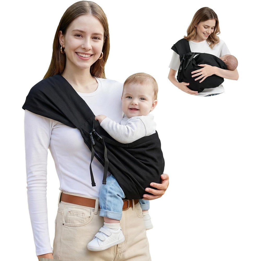 MISSWISDOM baby sling carrier front view showing wide padded shoulder strap on parent