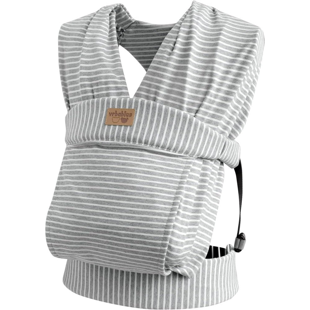 Vrbabies baby wraps carrier in striped grey front view on mother walking outdoors.