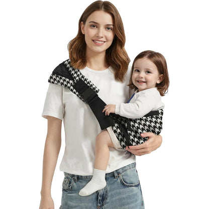 Marrlly baby sling carrier front view in black houndstooth pattern