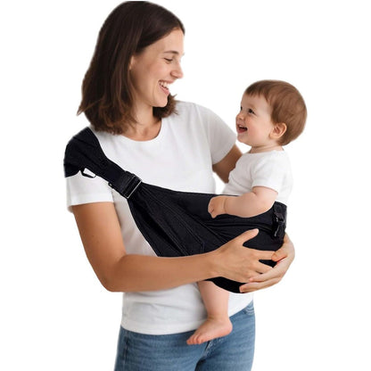Joyncleon baby sling carrier in black showing the front inward carrying position on a mother.