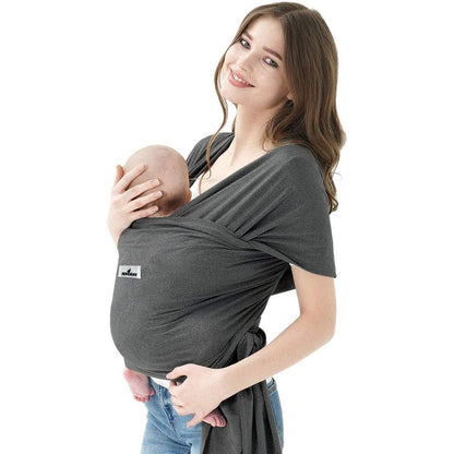 Jeroray baby wrap carrier in heather grey front view showing ergonomic hands-free newborn sling placement