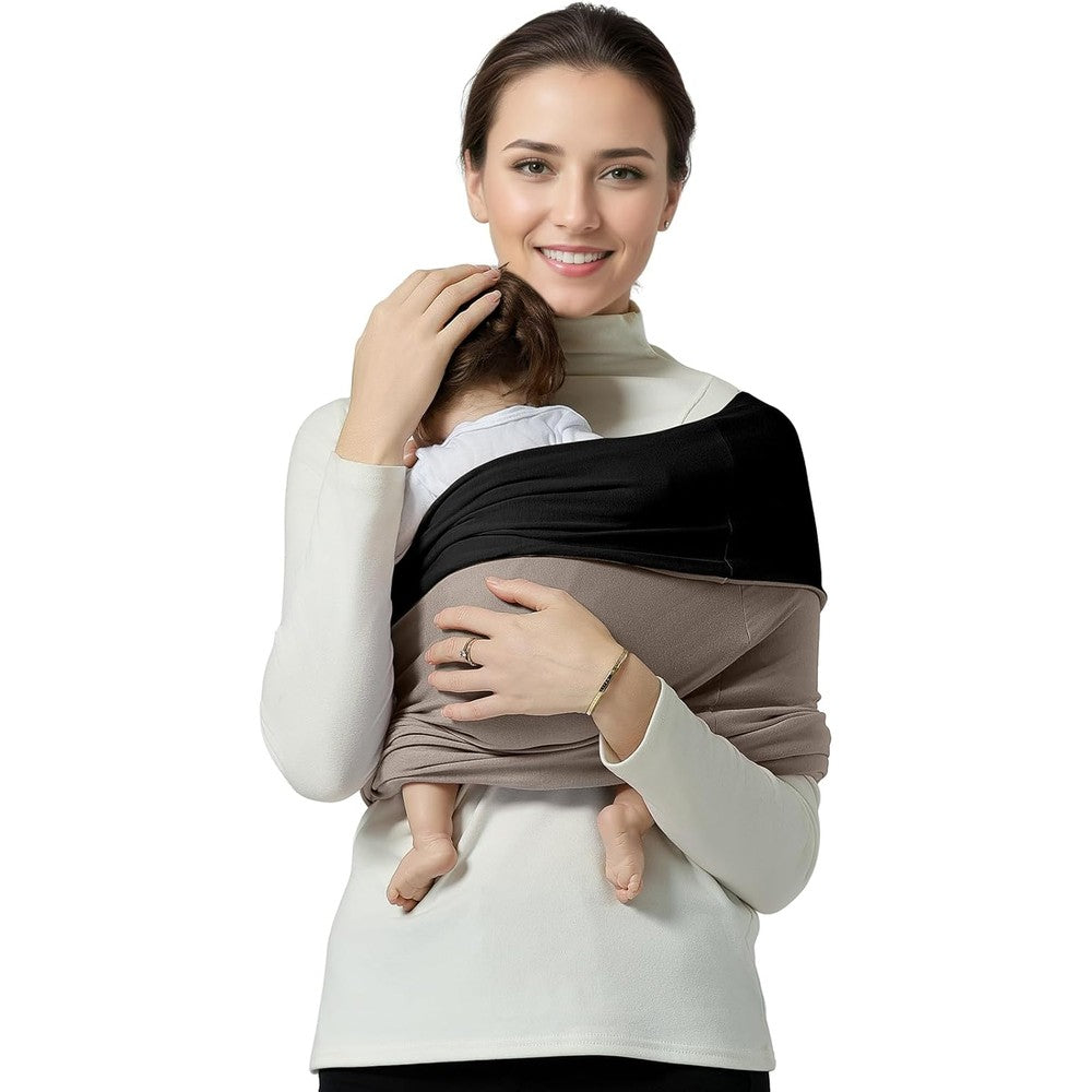 Shiaon baby wrap carrier front view showing the secure black and brown cotton sling design on a parent.