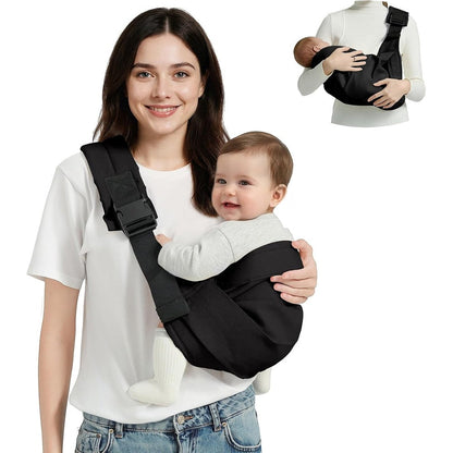 MISSWISDOM baby sling carrier in black showing front view on parent