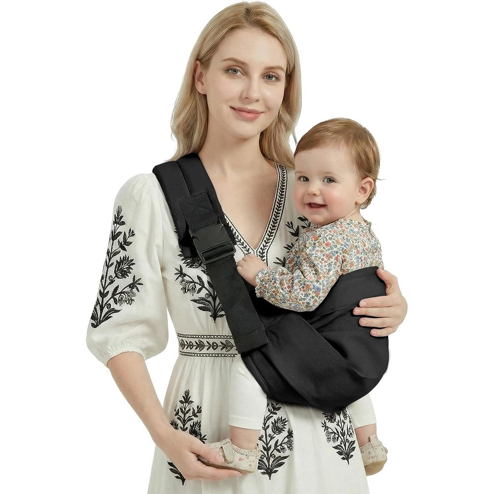 Shiaon baby sling carrier in black front view showing adjustable shoulder strap.
