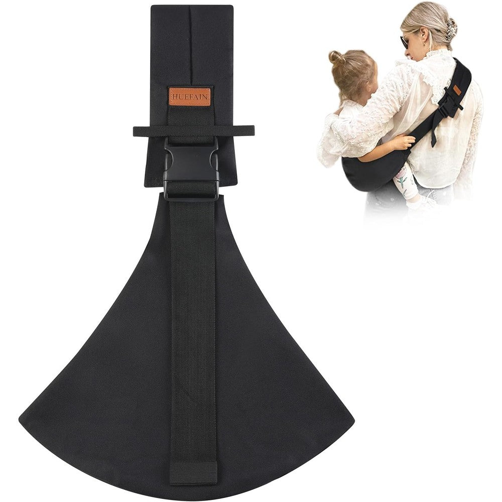 Huefain baby sling carrier in black showing front view on parent