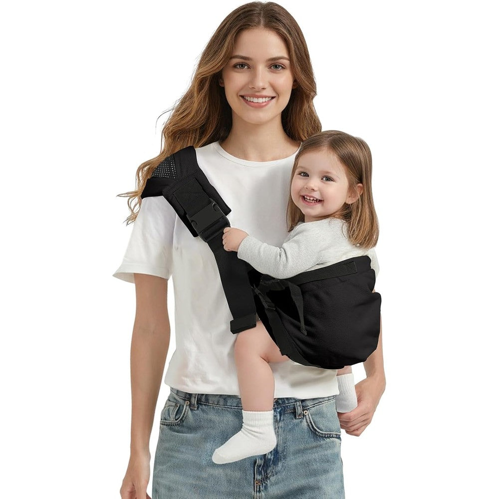 NBDIB MISSWISDOM toddler sling carrier front view showing adjustable straps and black fabric.