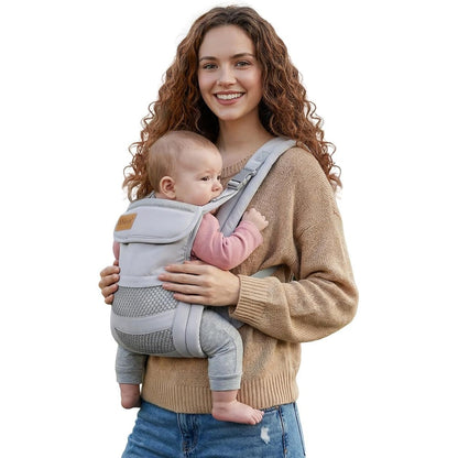 Shiaon baby carrier front view featuring grey breathable mesh fabric for newborns