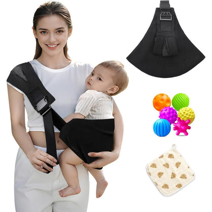 Sanilinwild baby sling carrier front view showing adjustable black mesh straps