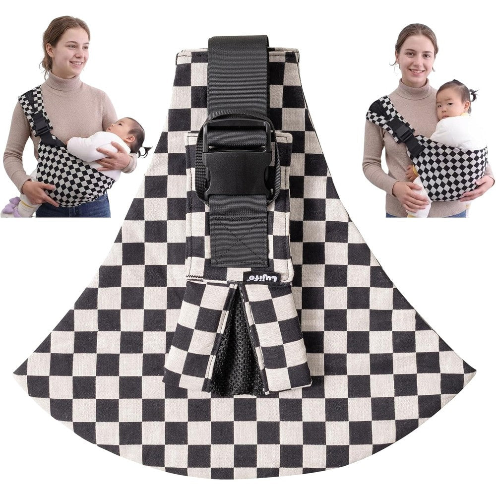 Lujifo baby sling carrier in ebony check pattern shown in a front carry view on an adult
