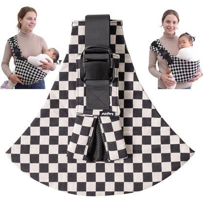 Lujifo baby sling carrier in ebony check pattern shown in a front carry view on an adult