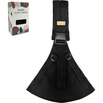 Marrlly baby sling carrier front view showing black cotton fabric and adjustable shoulder strap.