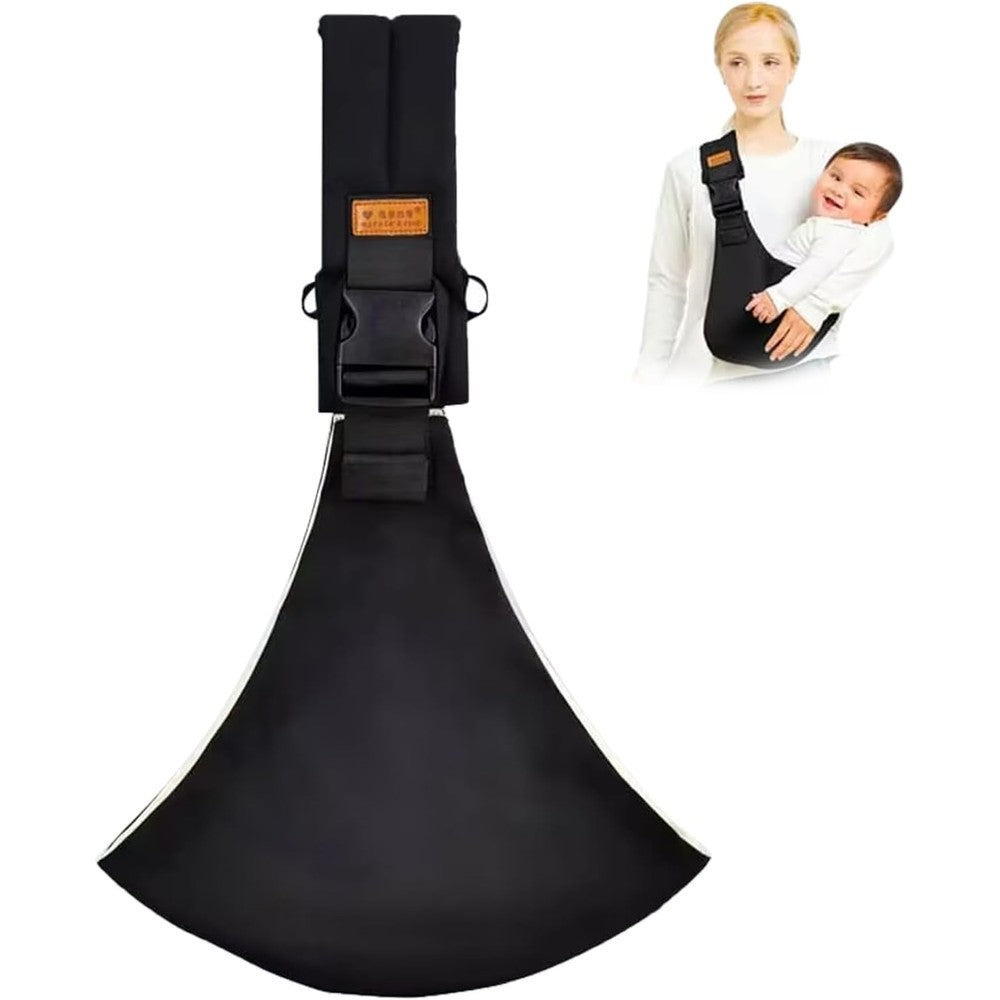 Yemyig baby sling carrier in black showing the secure front facing placement on a parent.