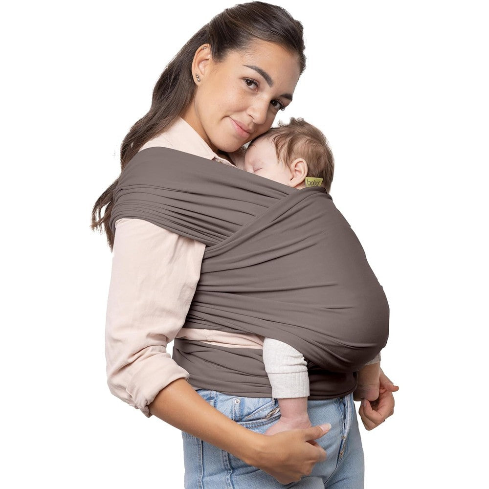 Boba Original Baby Wrap Carrier front view showing secure newborn positioning in grey fabric.