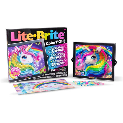 Lite-Brite Color Pop Rainbows Edition front packaging view showing illuminated unicorn art board.